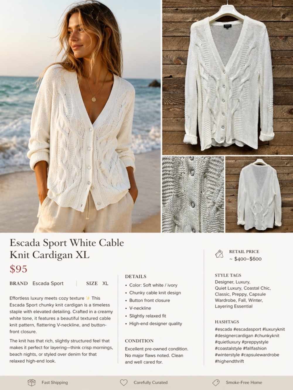 Escada Sport White Cable Knit Cardigan XL | Luxe Chunky Knit Sweater